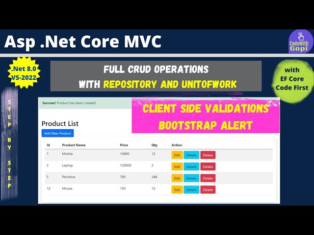 ✅ Full CRUD Operations in .NET Core with Repository Pattern & Unit of Work | Bootstrap Alert Message