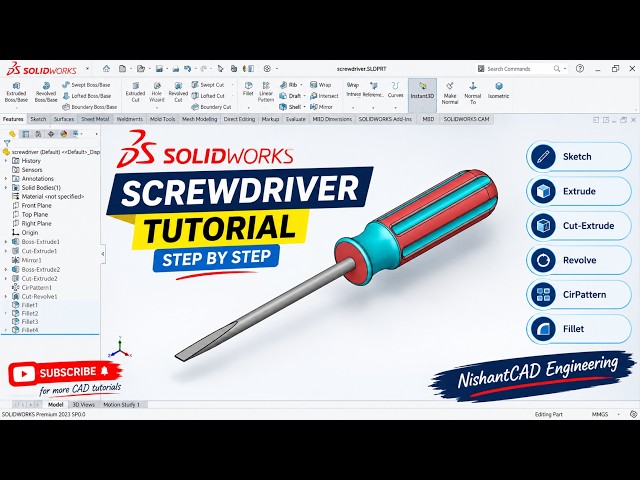 SOLIDWORKS Screwdriver 3D Model | Step-by-Step Tutorial for Beginners