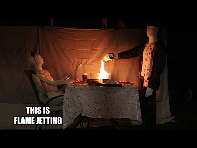 Tabletop fire pit flame-jetting demonstration
