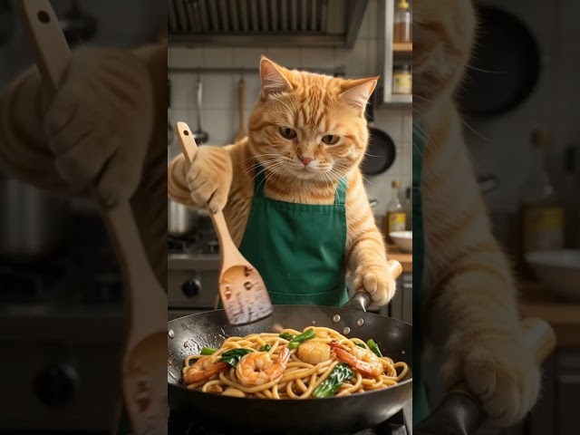 Chubby Cat Chef Cooks Delicious Seafood Noodles in a Rustic Bamboo Kitchen #cat #cats