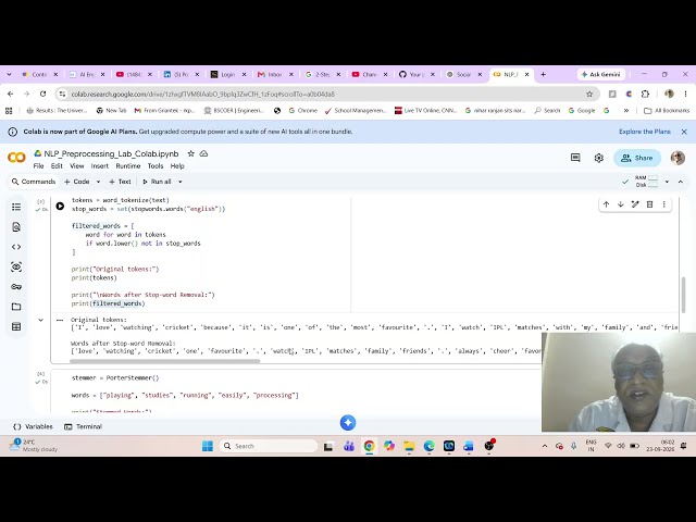 Tokenization, Stop Word Removal, Stemming & Lemmatization using Python NLTK Google Colab