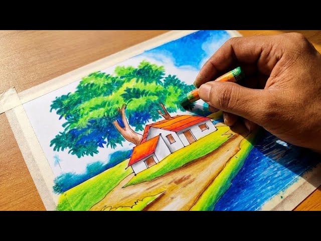 Easy Riverside Village Scenery Drawing with Oil Pastels | Step-by-Step Tutorial গ্রামের দৃশ্য আঁকা