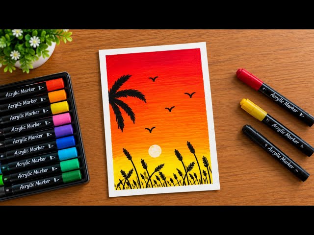 Step by Step Sunset Landscape Acrylic Marker Painting 🌅 | Easy Art Tutorial