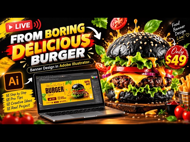 Create a Delicious Burger Banner Design in Adobe Illustrator. @Designsbymehru