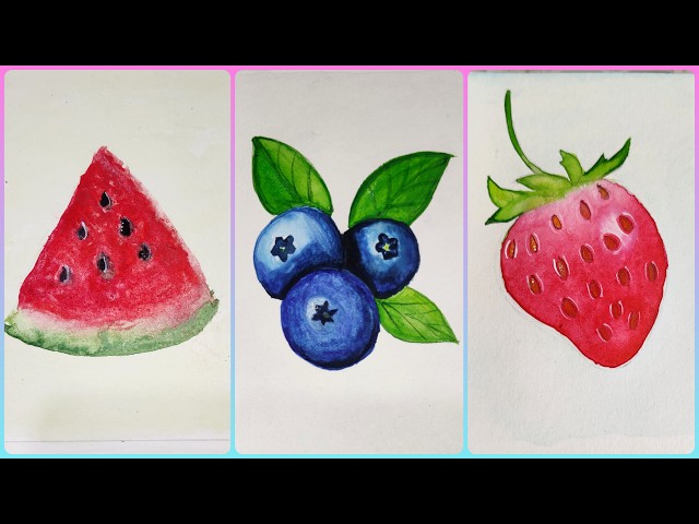 5 Easy Paintings For Beginners 🍓🫐🍉#art#arttutorial #fruitart #painting #easywatercolor #easypainting