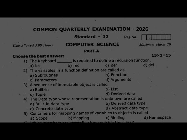 12th Computer Science Quarterly Exam 2026 | Original Question Paper | English Medium | Important Qns