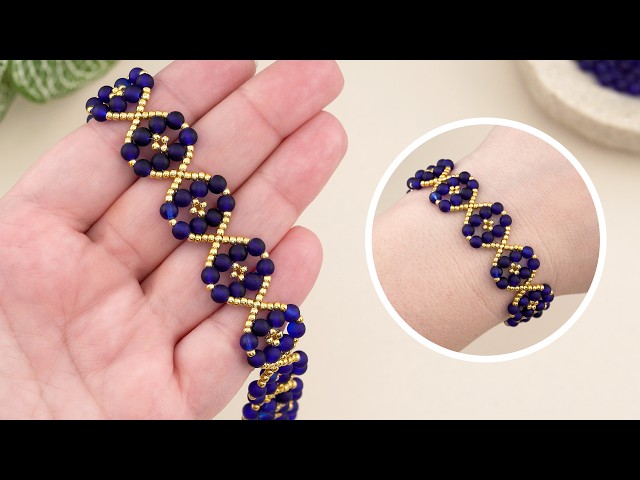 Royal Blue & Gold Beaded Bracelet Design Diamond Beading Pattern #diy #jewelrymaking #beadsjewelry