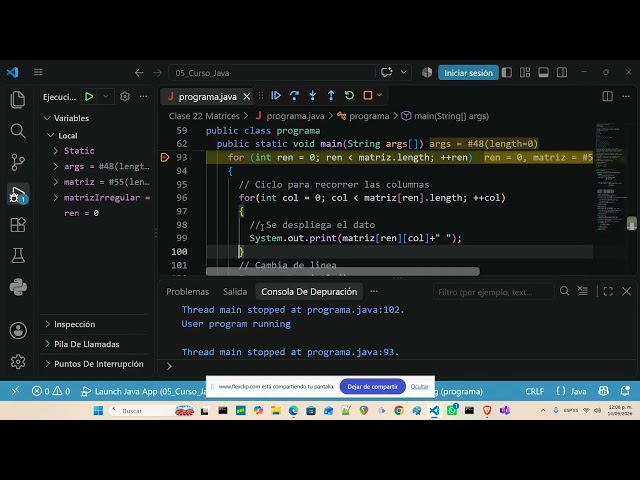Curso de Java Como hacer Debug para Analizar el Recorrido de una Matriz
