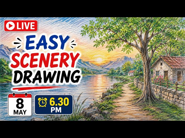 Easy Scenery Drawing LIVE 🌄 | Realistic Pencil Colour Landscape Tutorial | 8 May 6:30 PM