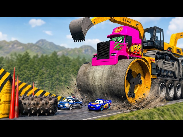 Giant CRUSHER DOZER Mack Truck VS Cars Lightning McQueen & Police Car & Speed Bumps - Beamng.Drive