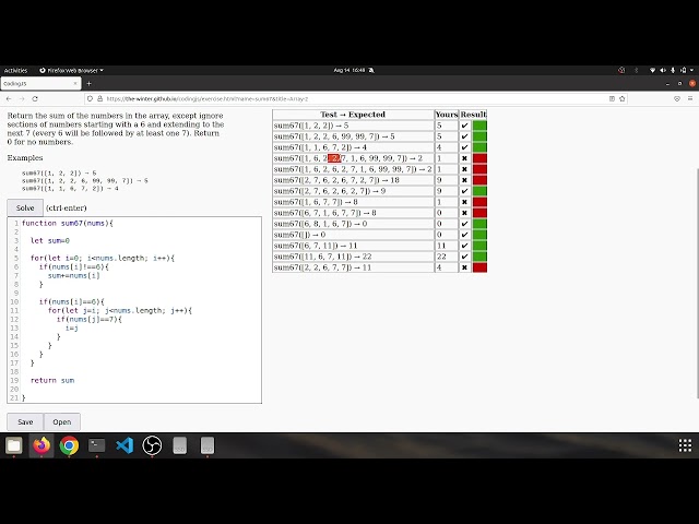 Codingjs (Codingbat)  Array-2 --sum67 Javascript solution
