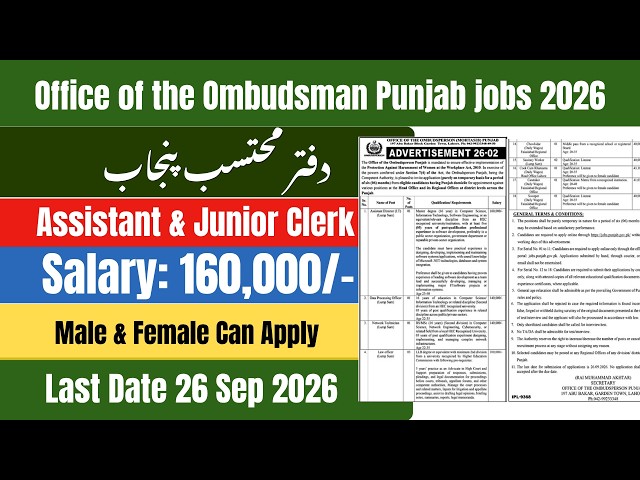 Office of the Ombudsman Punjab Jobs 2026 | Assistant & Junior Clerk | Salary Up to Rs. 160,000