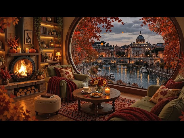 Serene Autumn Café Jazz 🍂 Relaxing Jazz with Fire Glow & Rainy City Street by the Lakeside for Focus