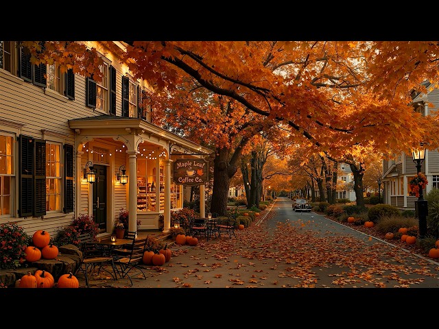 A Quiet New England Street in Peak Autumn🍁Cozy Coffee Shop Jazz & Golden Leaves for Peaceful Moments