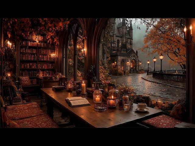 Gothic Reading Nook Under Warm Lights | Victorian Library Autumn Night | Dark Academia Ambience