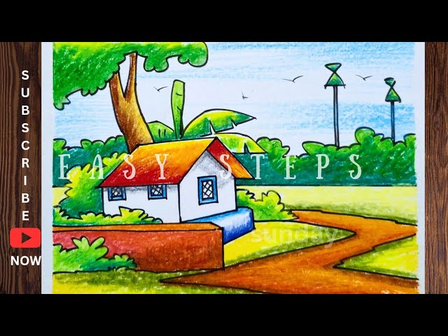 how to draw a village scenery drawing-most easy steps/landscape drawing/scenery drawing