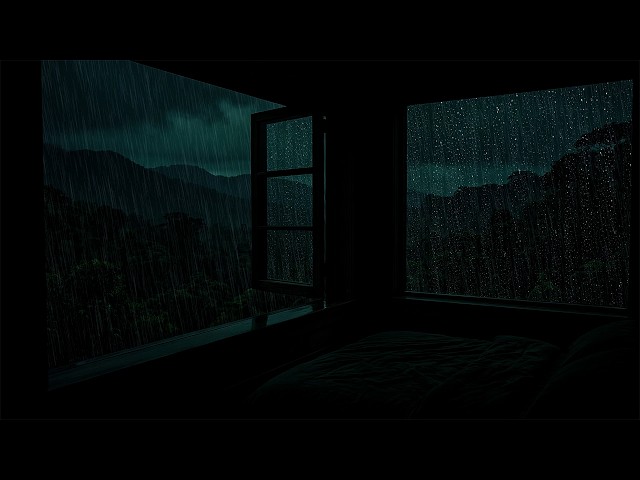 Heavy Rain Sounds in Outside the Window Bedroom  | Night Warn Atmosphere for Relax, Focus and Sleep