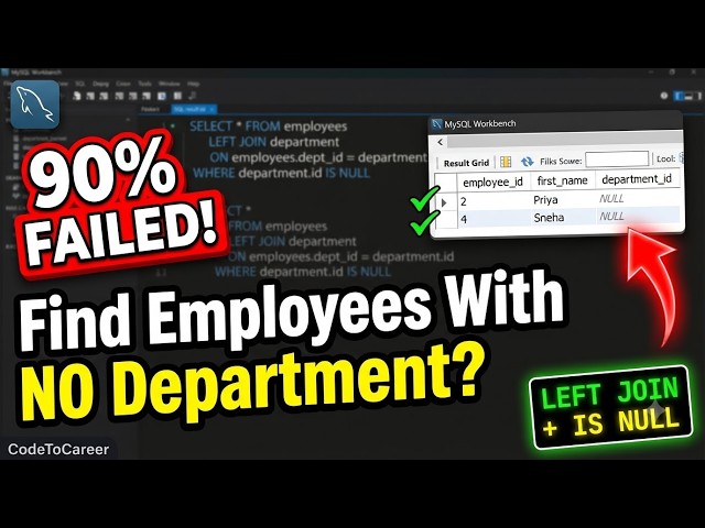 Find Employees With No Department in SQL | LEFT Vs INNER JOIN Interview Question | MySQL Workbench