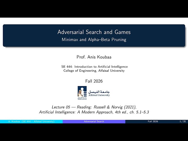 SE 444 — Lecture 05: Adversarial Search (Arabic) — البحث التنافسي والألعاب