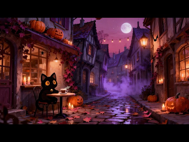 Moonlit Halloween Cafe 🎃 Lofi Cat | Cozy Lofi Music [Coffee Time & Magical Village View]