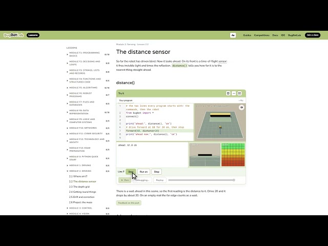 Sensors and debugging in the BugBot simulator