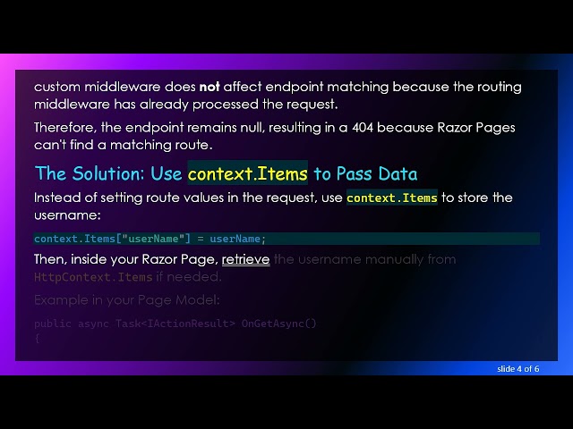 Fixing 404 Errors with Custom Routes in Razor Pages Using context.Items