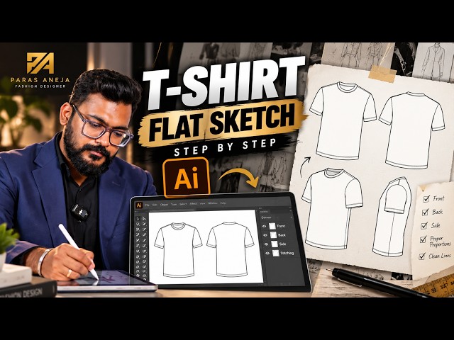 How to Draw a T-Shirt Flat Sketch in Adobe Illustrator | Fashion Design Tutorial