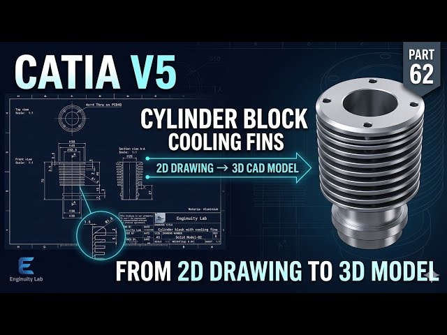 CATIA V5 Cylinder Block with Cooling Fins | 3D Modeling from 2D Drawing | Part 62