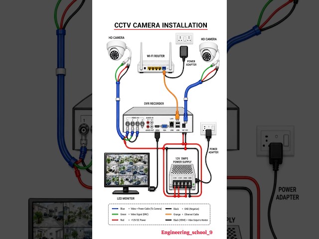 CCTV Camera Installation Wiring Diagram | DVR, SMPS, Router & Camera Connection Explained 📸😱