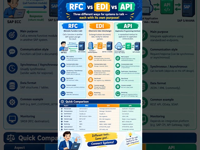 “In SAP integration, three commonly used technologies are RFC, EDI, and API. #sapmm #sapai