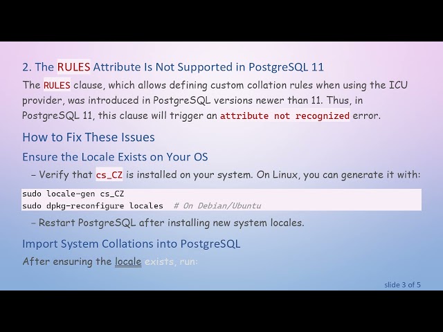 Understanding collation attribute X not recognized Errors in PostgreSQL 11