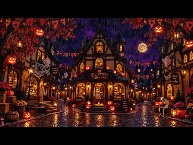 After Dark in a Haunted Halloween Village 🎃 Rainy Fall Jazz, Pumpkin Glow & Falling Leaves for Sleep
