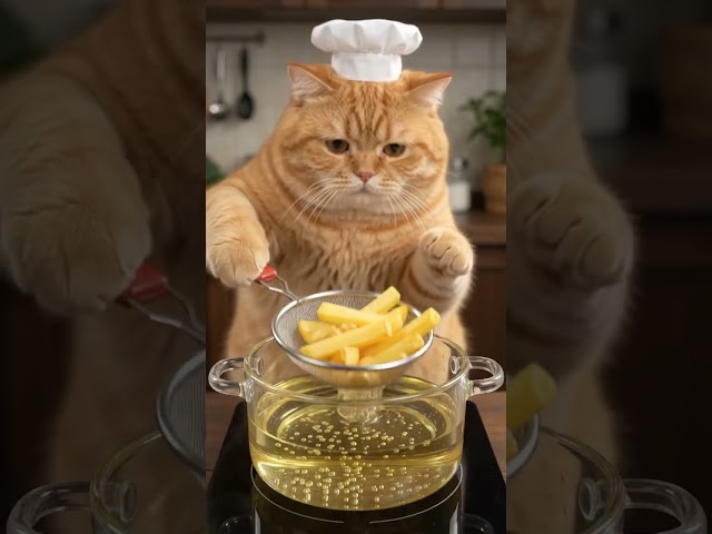 Cute Ginger Cat Chef Prepares Vegetable Feast and Shimmering Purple Drink ASMR