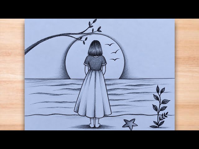 How to Draw a Girl Looking at Sunset/Moon Over Sea | Easy Pencil Sketch Tutorial Step by Step