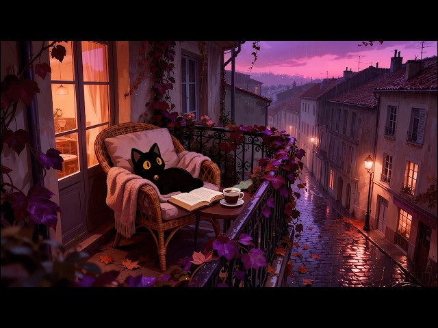 Autumn Rain Balcony 🌙 Lofi Cat | Deep Sleep Music [Old Town View & Soft Rain Sounds]