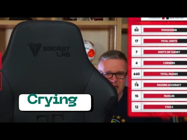 Mark Goldbridge cries after Liverpool defeated Manchester United 7 NIL