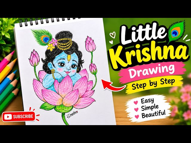 Beautiful Bal Gopal Krishna on Lotus 🌸💙 | Krishna Drawing Step by Step | #drawing #ytshort #shorts  