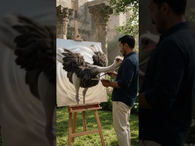 Painter painting living ostrich