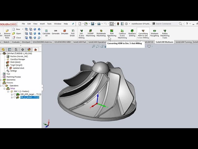 Solidworks CAM tutorial - SolidCAM :  Programming 5 axis CNC turbine blades : phay 5 trục