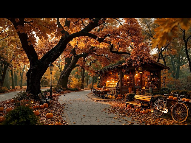 Slow Piano Jazz at a Nostalgic Autumn Park Café 🍂 Golden Leaves & Pumpkins for Reading ,Rest ,Relax☕