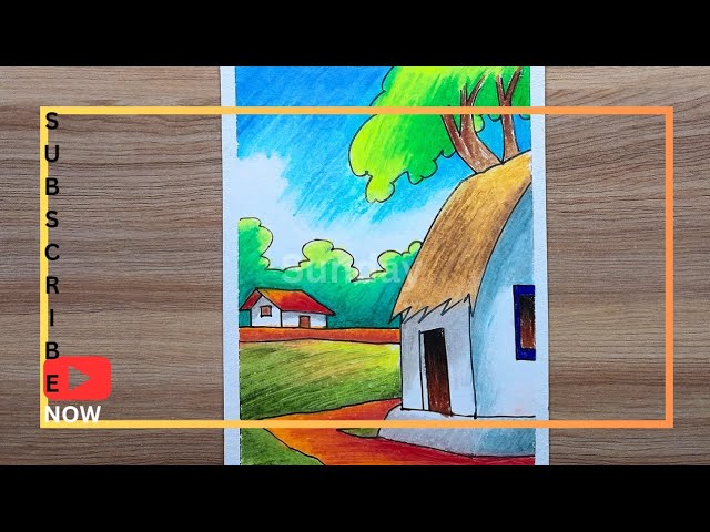 how to draw a village scenery drawing with oil pastel/landscape drawing/beautiful scenery drawing