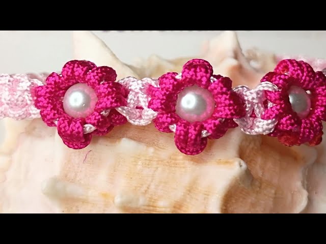 Thread and flower bracelet tutorial with pearls #threadbracelet #macrame #jewelrymaking