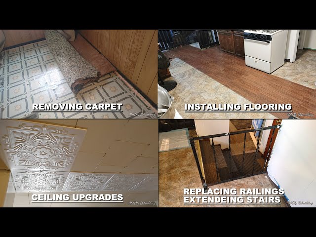 How to Remove Carpet, Install Laminate flooring, Replace Stair Rail & More.  #remodeling #MADHomeDIY