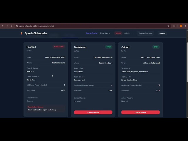 Sports Scheduler | Full-Stack Sports Session Management System | Node.js, Express.js & PostgreSQL