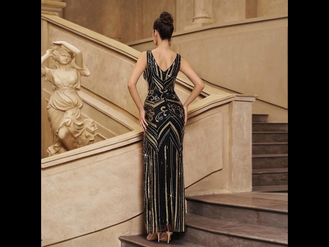 Black & Gold Baroque Scroll Art Deco Sequin Bodycon Mermaid Deep-V High-Slit Evening Gown
