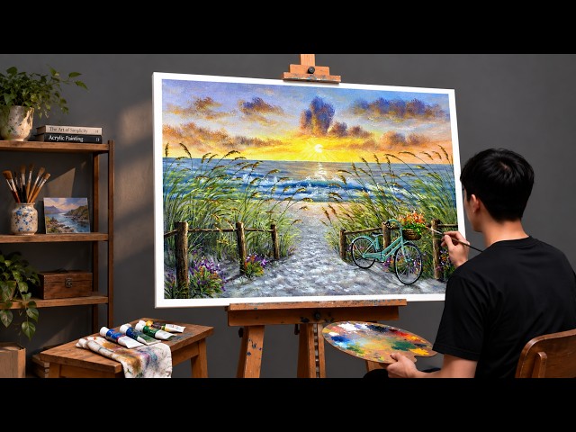 1 Hour Painting Step by Step – Peaceful Seaside Sunset | Acrylic Painting Tutorial