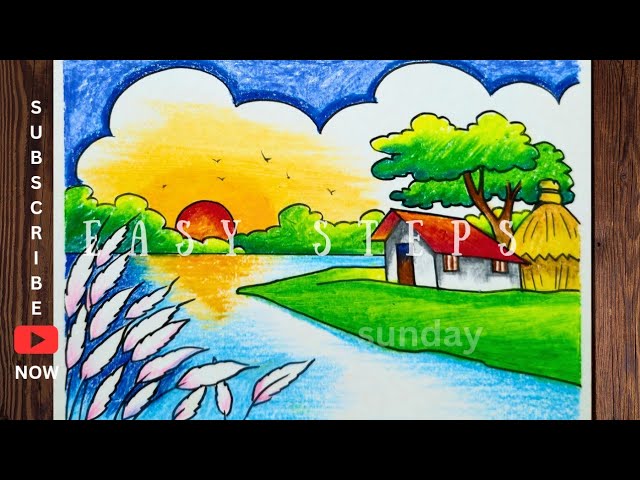 শরৎকাল আঁকা/Autumn scenery drawing oil pastel/riverside autumn sunset village scene drawing