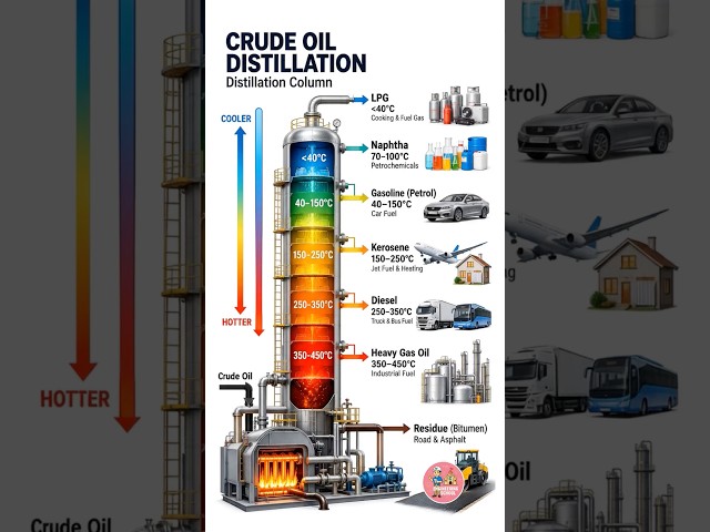 Crude Oil Distillation Process Explained 🔥| How Crude Oil Is Separated Into LPG, Petrol, Kerosene