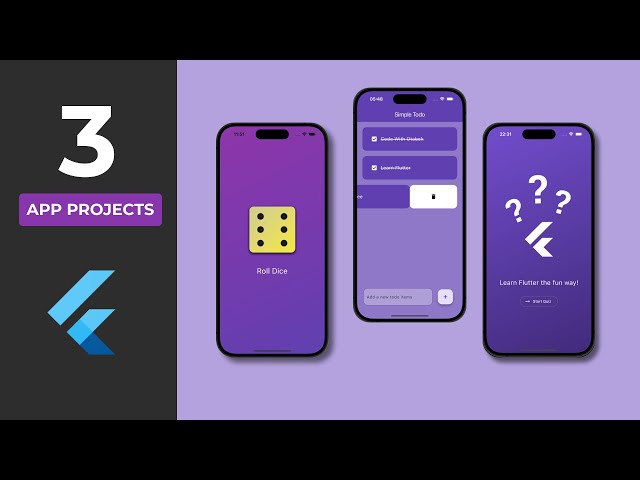 Build 3 Flutter Apps From Scratch • Roll Dice App • Todo App • Quiz App