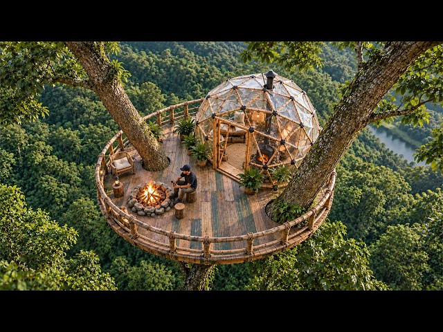 I Spent 28 Days Building a Treehouse Survival Shelter — Clay Stove, Palm Roof, Catch and Cook
